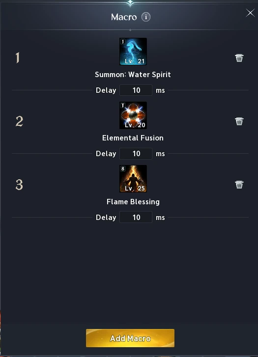 The in-game macro: Summon: Water Spirit, Elemental Fusion, Flame Blessing, 10 ms delays.